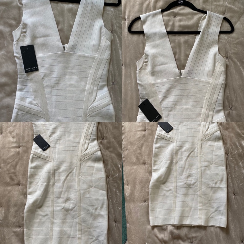 NWT Marciano Bridget Bandage Dress in Macadamia plunge v-neck back zip medium - Picture 2 of 16